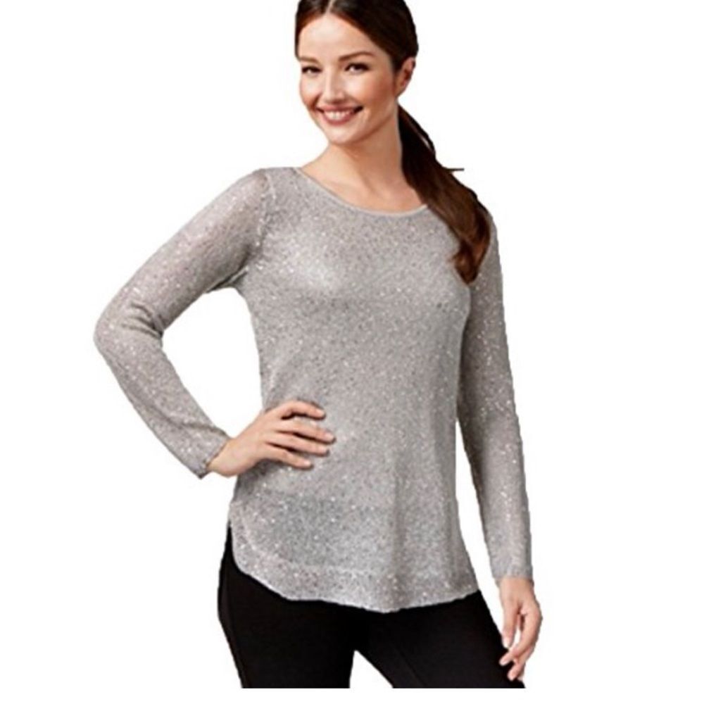 Alfani Women’s Shirt-Tail-Hem Sequinned Sweater Sliver Stream Small